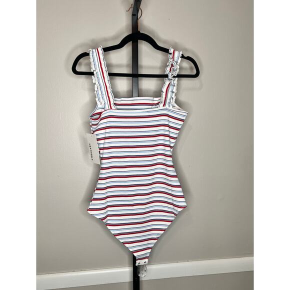 Heatherly Raina Striped Ruffle Strap Knit Bodysuit Multi Women's Size LP NWT - Picture 6 of 9
